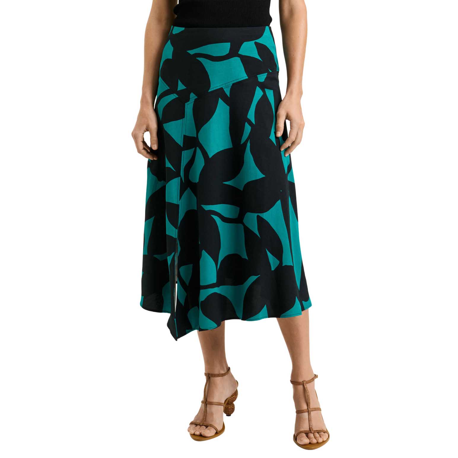 Veronika Maine Jade Shadow Leaf Viscose Linen Midi Skirt